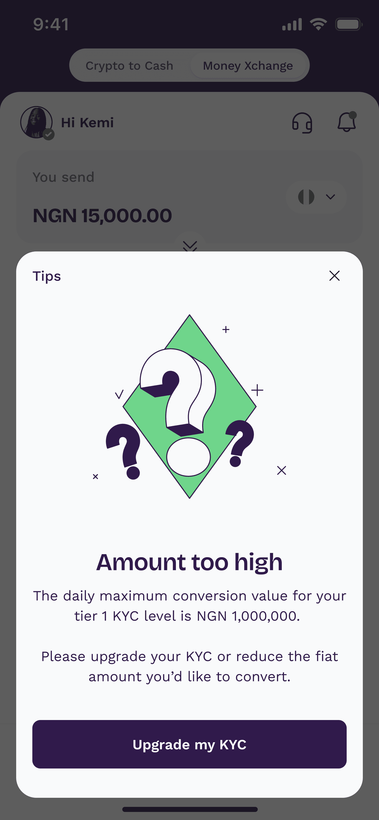 Amount too high modal showing the daily limit for the user's KYC tier