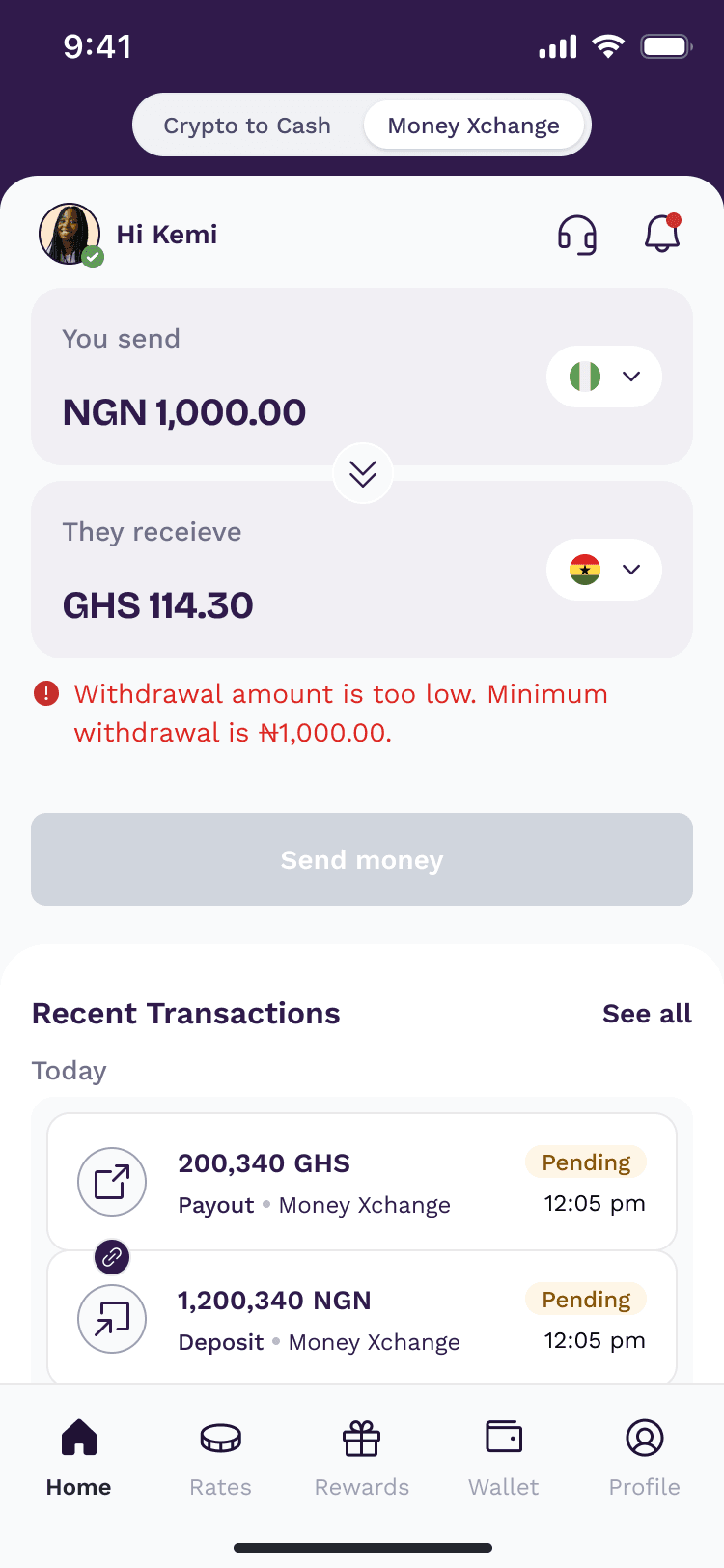 Money Xchange screen with an inline error saying the amount is below the minimum