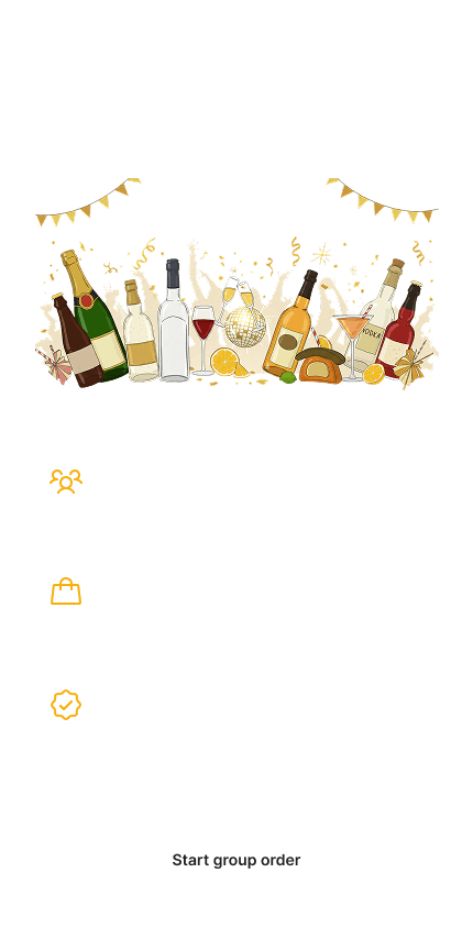 Start group order screen with a festive illustration and three benefits