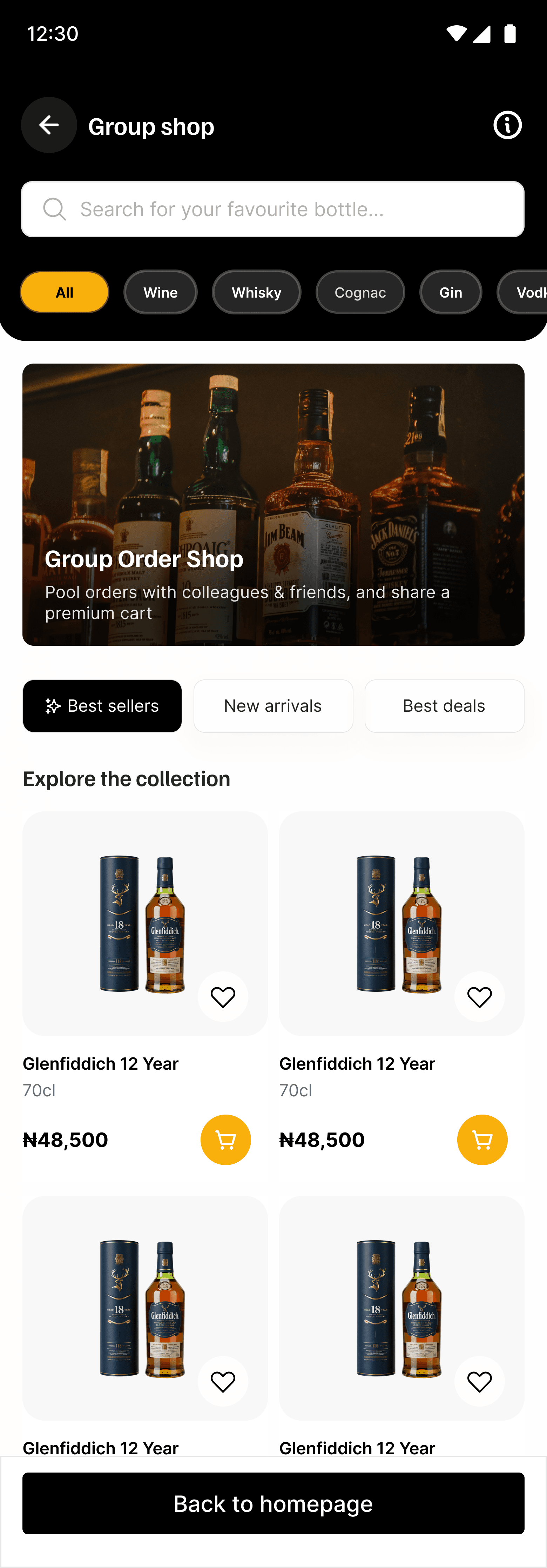 Group shop screen with a Group Order Shop banner and product cards