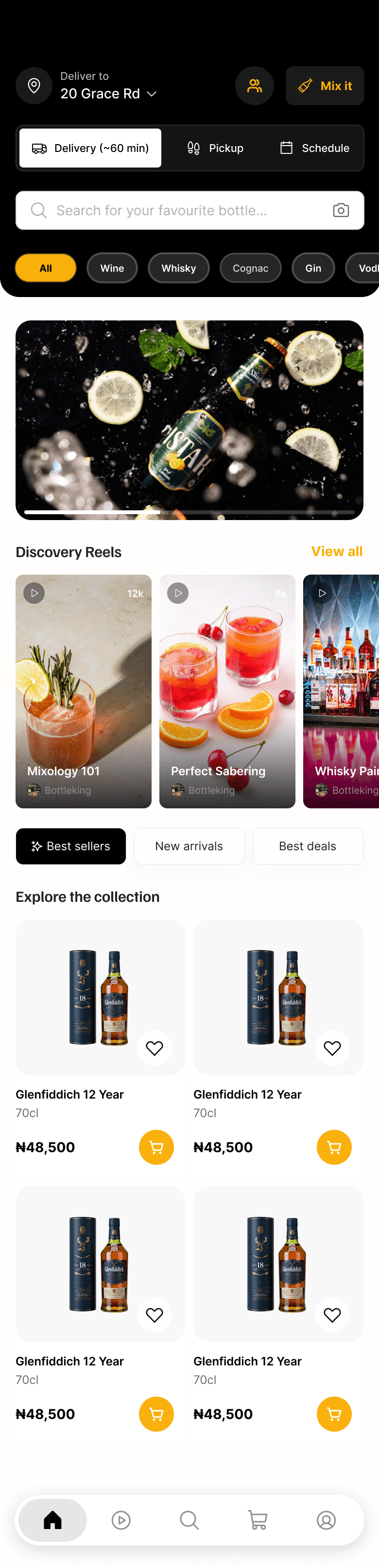BottleKing home screen scrolled to show discovery reels and the product grid