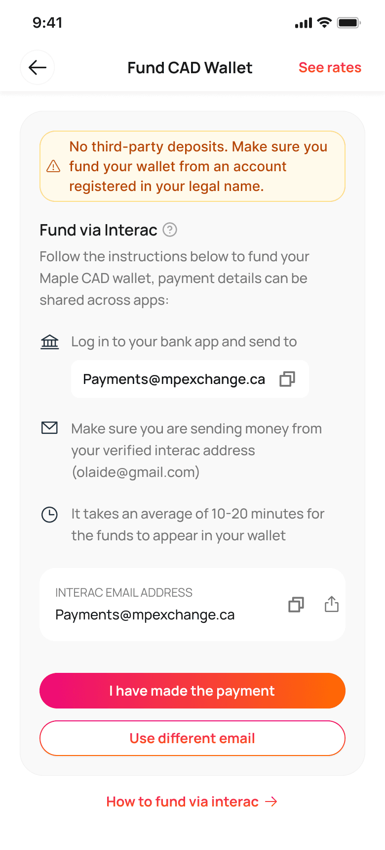 Fund CAD wallet via Interac
