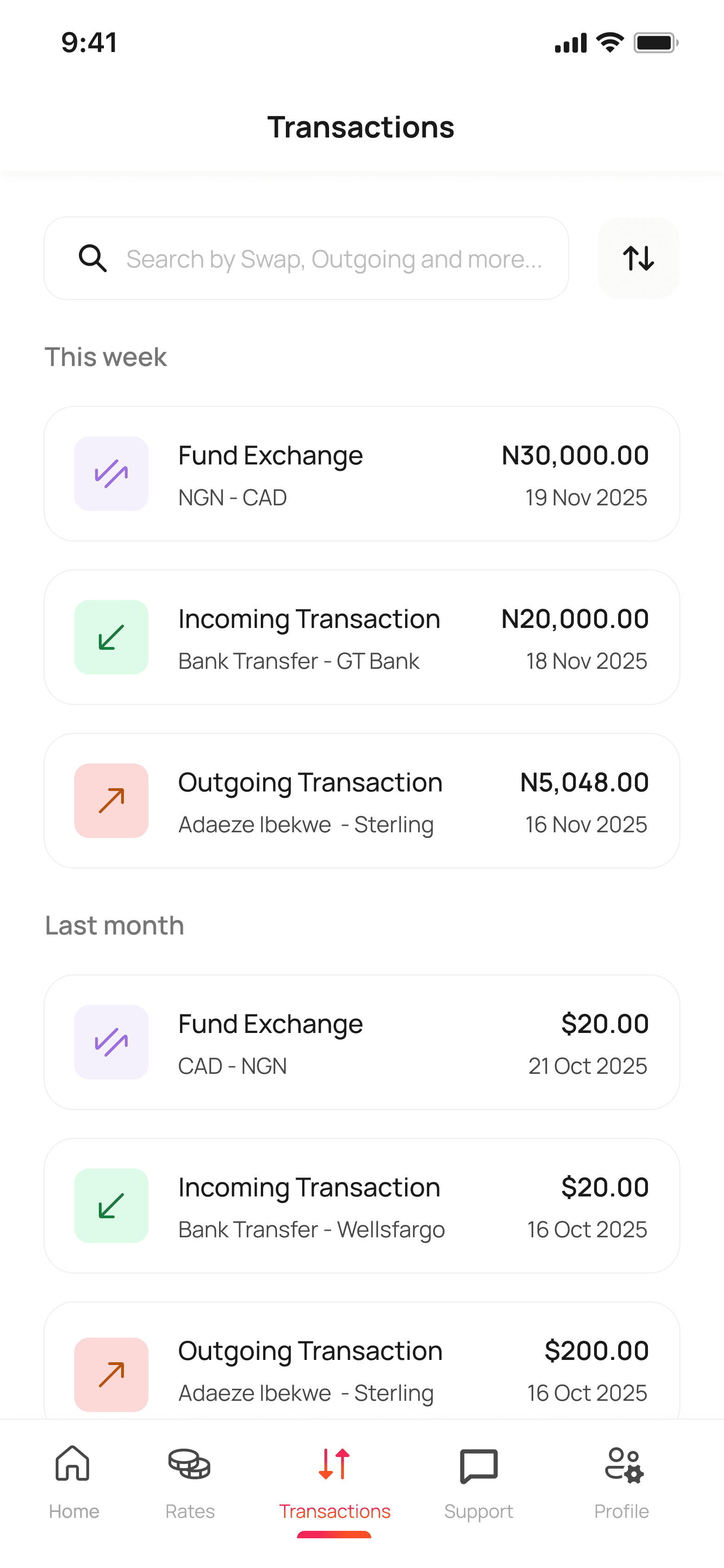 Transaction history
