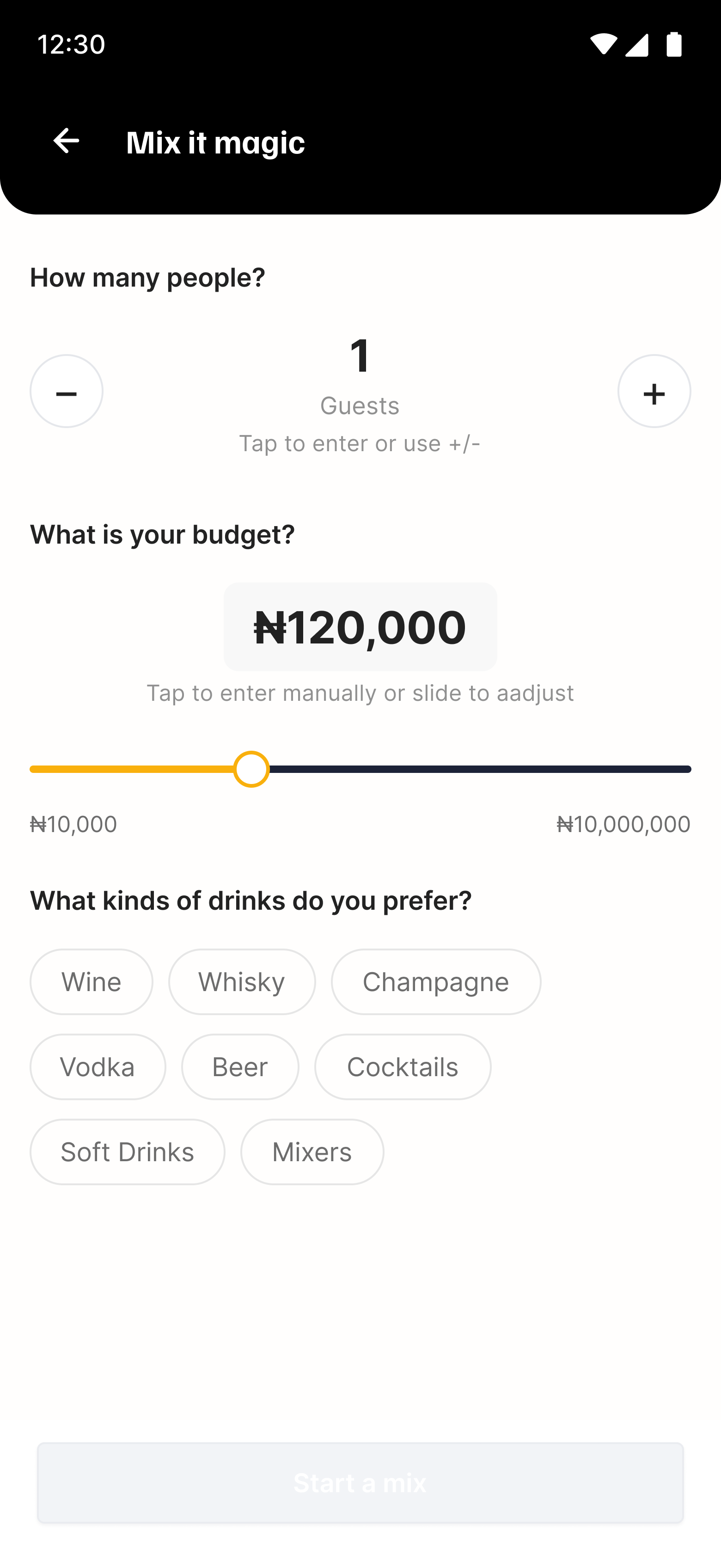 Mix it magic input screen with guests, budget and drink preferences