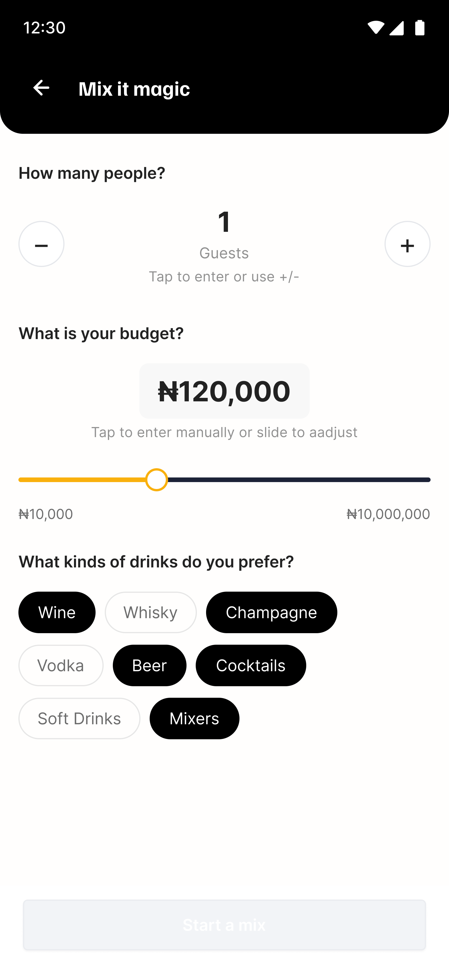Mix it magic with drink categories selected