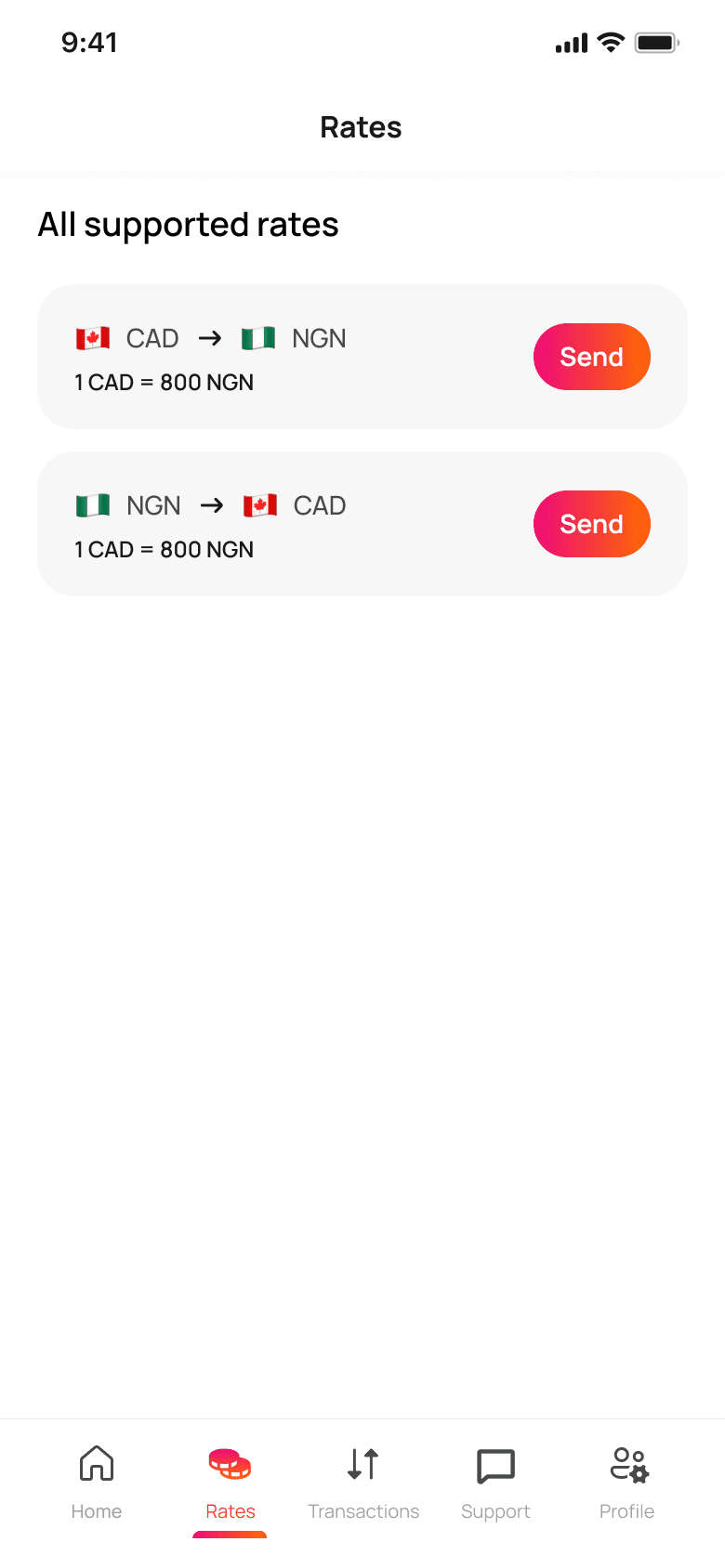 Rates screen