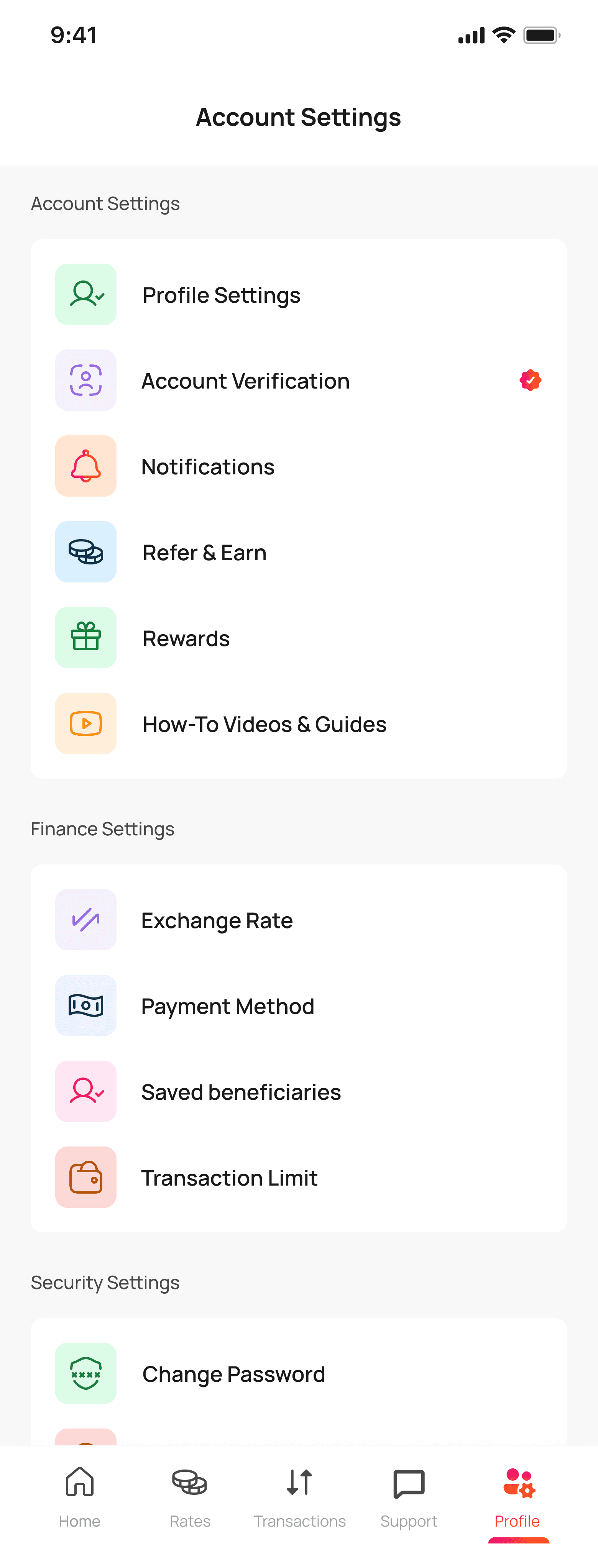 Settings screen