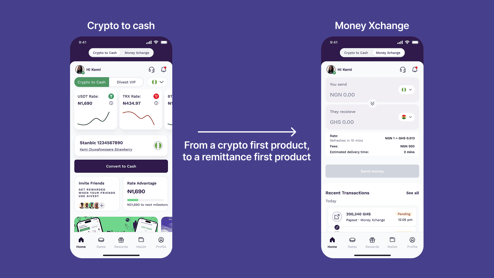 Home screen before and after: from a crypto-first Crypto to Cash view to a remittance-first Money Xchange view