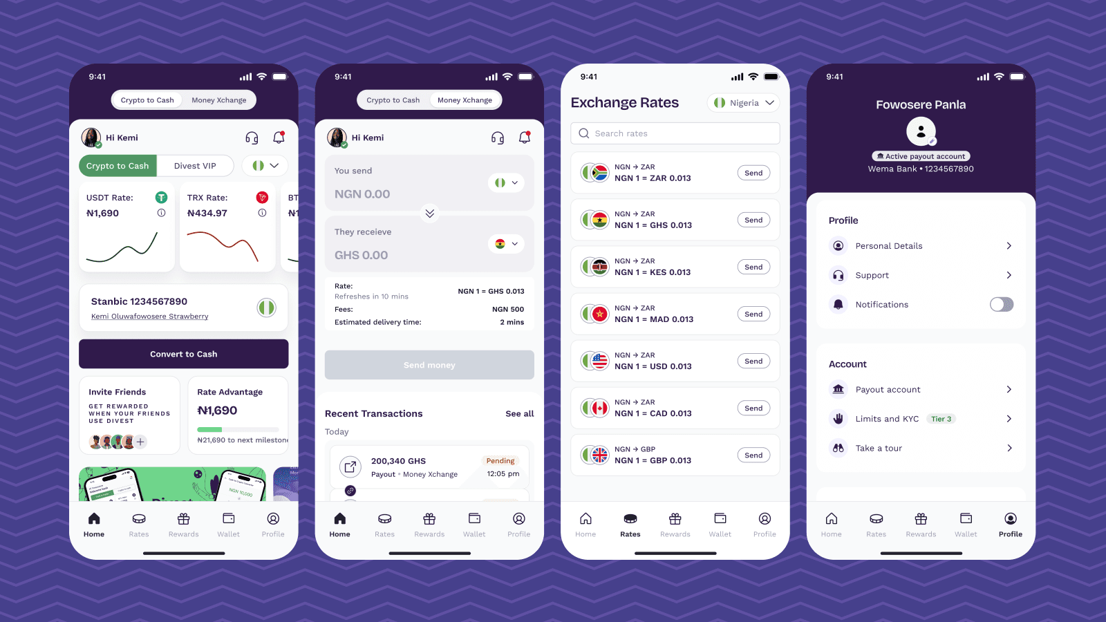 Divest Mobile App V3 screens: Home, Money Xchange, Exchange Rates and Profile