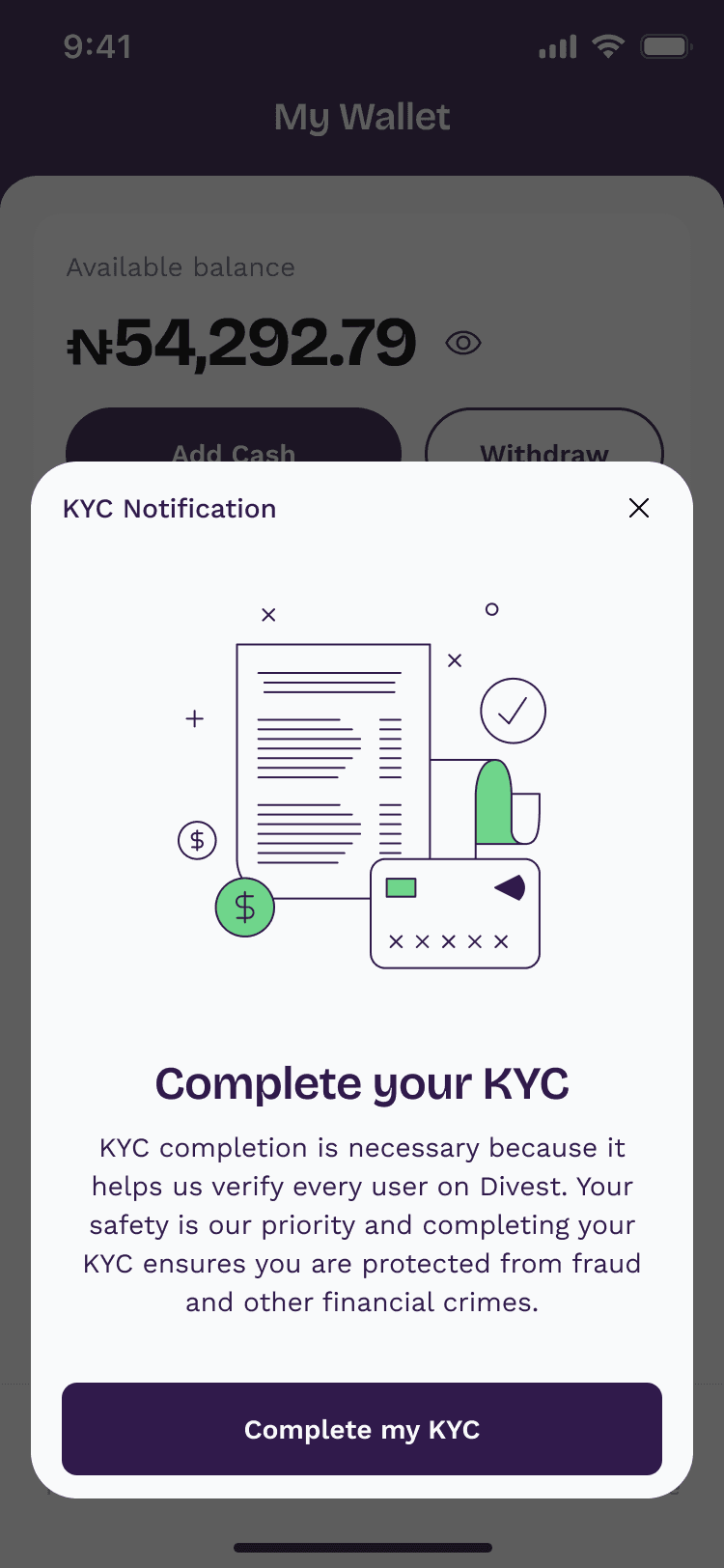 Complete your KYC modal explaining why verification is required