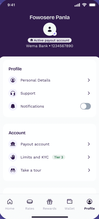 Profile screen showing the user's name, active payout account, and Profile and Account sections