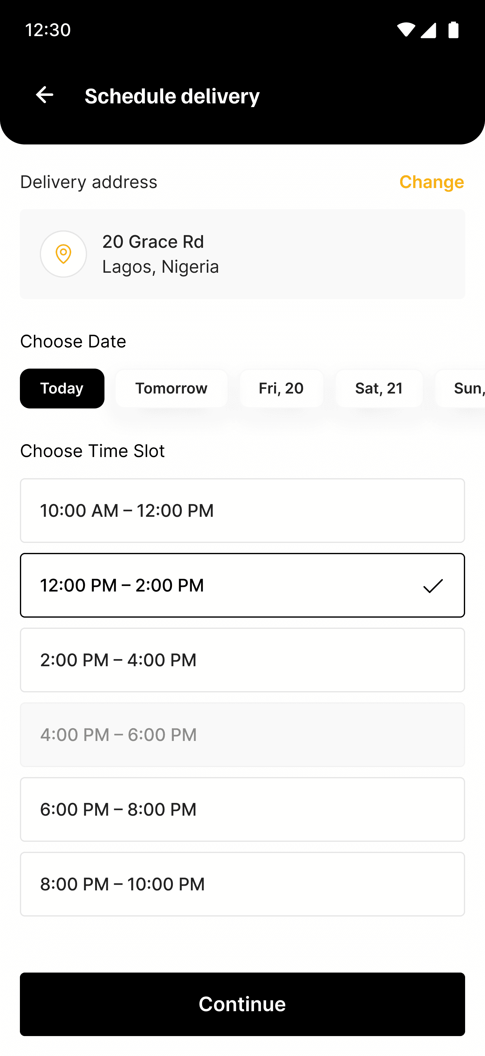 Schedule delivery screen
