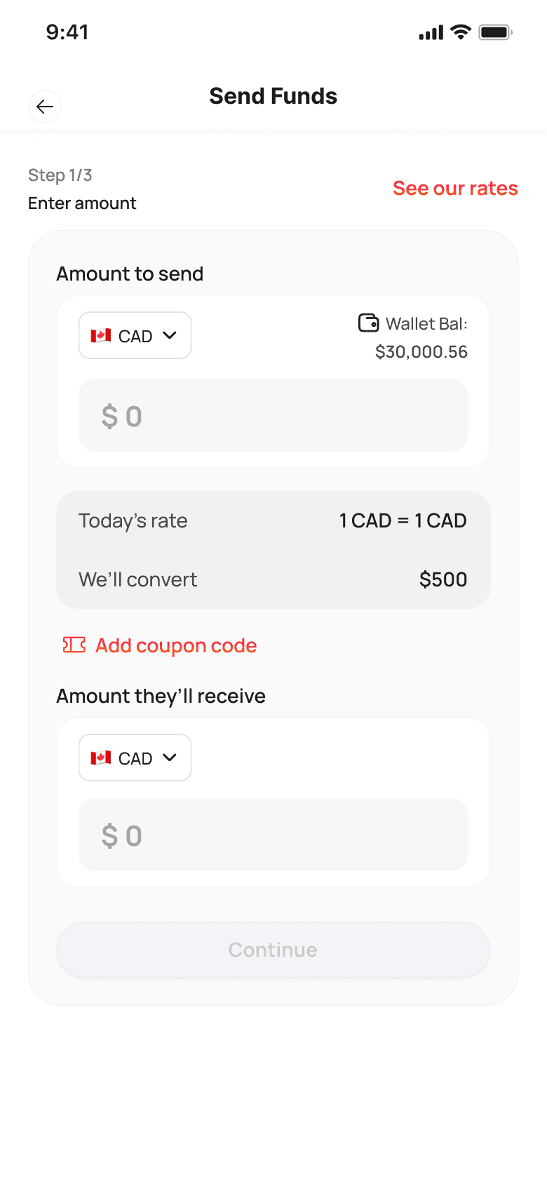 Send funds screen with amount, rate and amount to receive