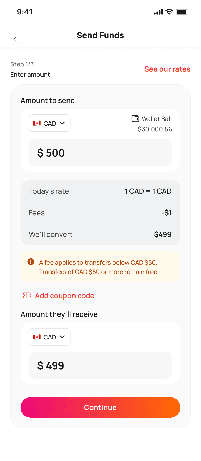 Send funds with fee shown