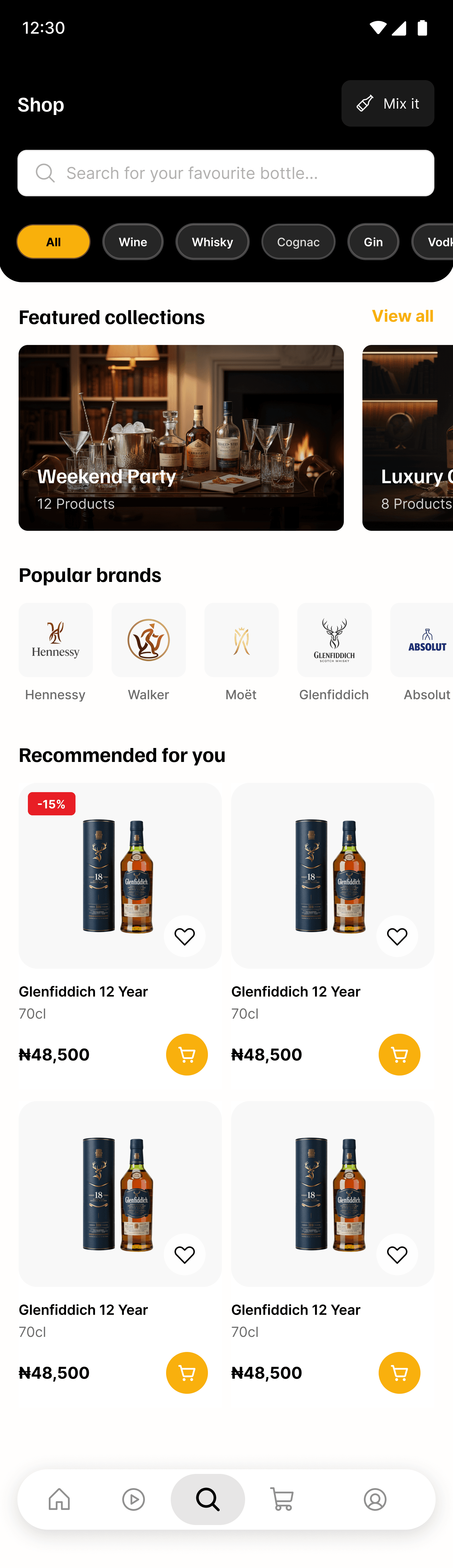 Shop screen with featured collections, popular brands and recommended products